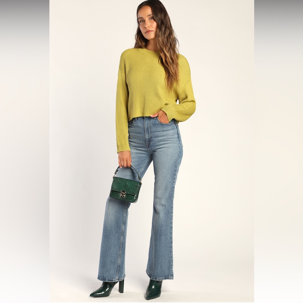 Lulus Medium Cuddly Company Chartreuse Ribbed Cropped Sweater